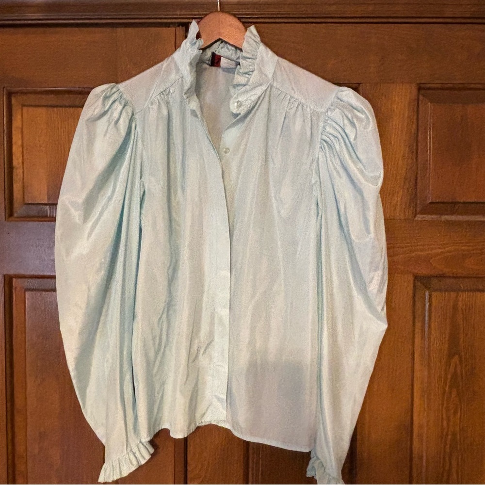 VINTAGE Coquette Romantic blue blouse puff sleeves ruffles *2 for 20* - Picture 7 of 16